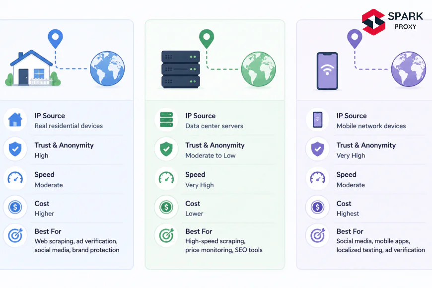 Residential vs Datacenter vs Mobile Proxy Comparison (2026) | SparkProxy